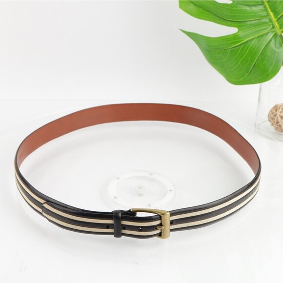 Torino USA Mens Belt Size 44 Black Leather Tan Inlay 1 1/2" Width Brass Buckle - Picture 2 of 16